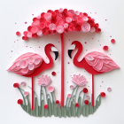 Paper quilling art: Two pink flamingos in greenery and flowers