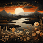 Tranquil nature scene with full moon, reflecting lake, mountains, and golden plants