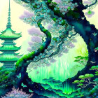 Colorful illustration of green dragon in mystical landscape with pagoda and glowing backdrop