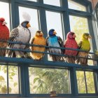 Vibrant stylized birds on windowsill with open casement windows