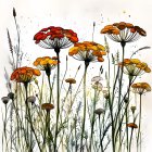 Detailed artwork of orange-capped mushrooms in a wildflower meadow.