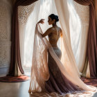 Stylized women in elegant patterned dresses in a room with checkered floors and draped curtains