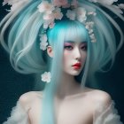 Surreal portrait of woman with aqua-blue hair and white blossoms in floral background