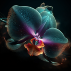 Vibrant blue and purple orchid with glowing center on dark background