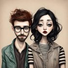 Exaggerated eyes portrait of man and woman with beard, glasses, and dark hair on muted backdrop