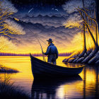 Vibrant surreal night landscape with glowing trees and floating boat