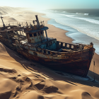 Abandoned shipwreck on sandy dunes by the coastline with waves