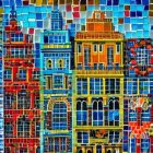 Colorful digital collage of whimsical fairy tale cityscape buildings