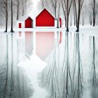 Vibrant red house with red door in wintry landscape reflected in water