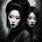 Asian-inspired makeup: Two women in black clothing against floral backdrop