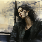 Pensive woman with dark hair in black coat against cityscape and bridge.