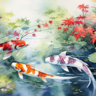 Vibrant koi fish in serene pond with greenery and pink water lilies