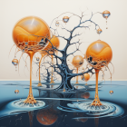 Abstract painting: Stylized trees with radiant canopies over reflective water.