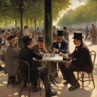 Historical outdoor dining scene at sunset by a tranquil river