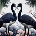 Stylized black cranes form heart shape amidst colorful flowers