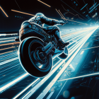 Futuristic glowing motorcycle on neon digital racetrack