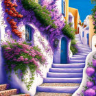 Colorful Street Scene with Purple Vines and Cobblestone Staircase