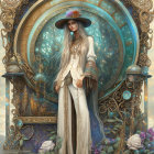 Stylish woman in wide-brimmed hat and bohemian attire with ornate backdrop.