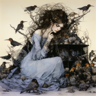 Detailed Gothic Illustration of Pale Woman with Crows