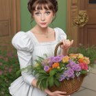 Historical woman with flowers by floral door arrangement