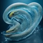 Digital artwork: Intertwined snakes over water, blue background