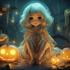 Blonde Girl Surrounded by Jack-o'-lanterns in Twilight Forest