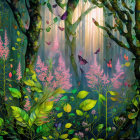 Stylized female figures with ornate headdresses in colorful forest setting