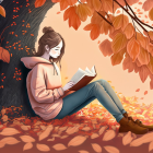 Girl in Orange Hoodie Reading Book Surrounded by Autumn Leaves