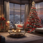 Festive Christmas interior with decorated tree, fireplace, gifts, and snowy view.