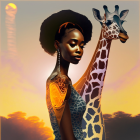 Stylized image of woman with elegant makeup beside giraffe with blue-patterned face in sunset scene