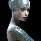 Digital artwork featuring a woman with blue scales and aqua makeup