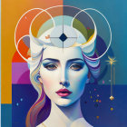 Colorful surreal portrait of woman with geometric shapes and circles in vibrant palette.