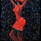 Stylized painting of woman with raised arms in cosmic swirl.