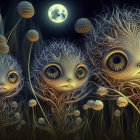 Three whimsical beings with tree-like heads in a flower-filled nocturnal scene