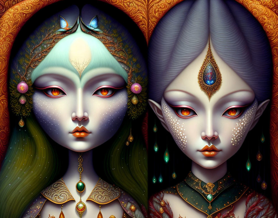 Stylized portraits of fantasy female figures with elaborate headdresses and ornate jewelry