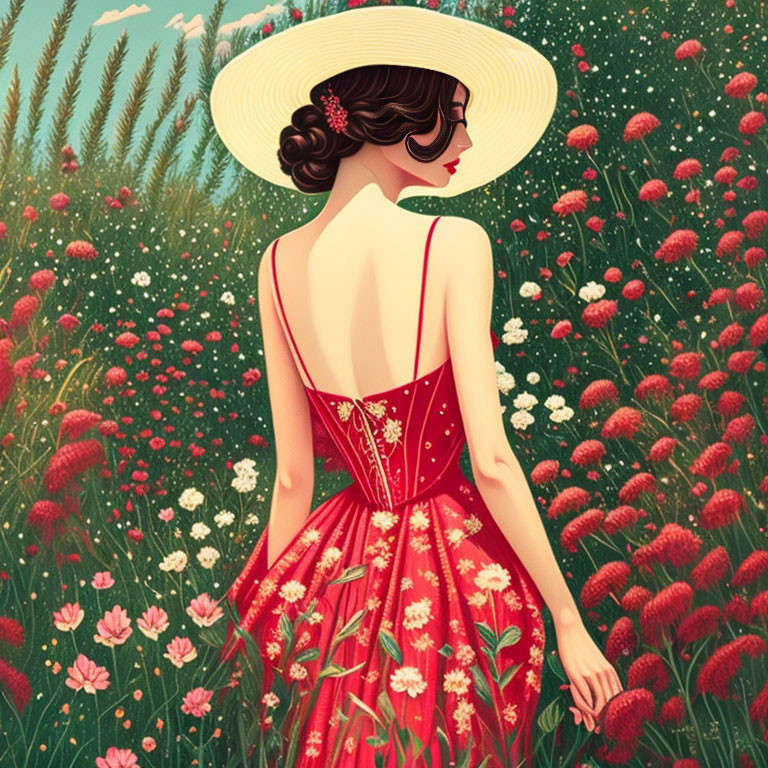 Woman in red dress and straw hat among vibrant red and pink flowers.