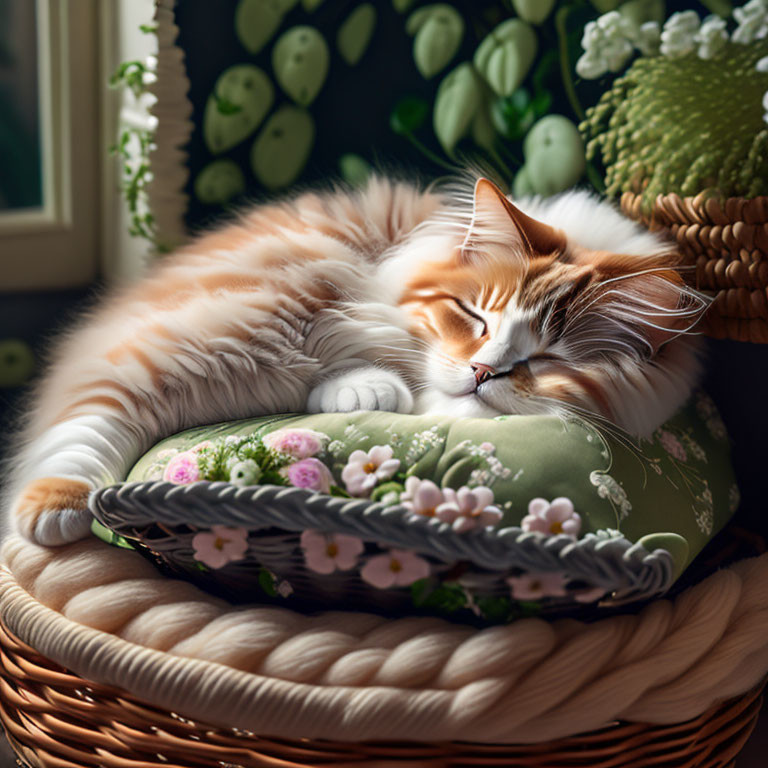 Fluffy orange and white cat sleeping on decorative pillow in wicker basket by window with hanging plants