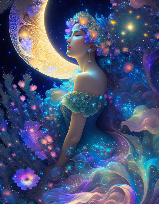 Celestial woman surrounded by stars and cosmic patterns