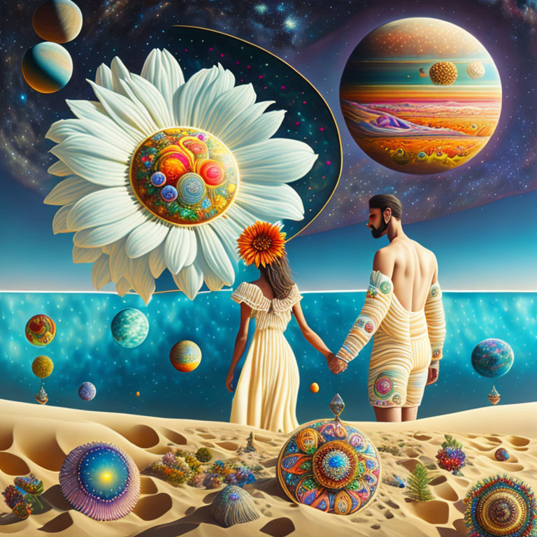 Couple holding hands in vibrant cosmic desert landscape