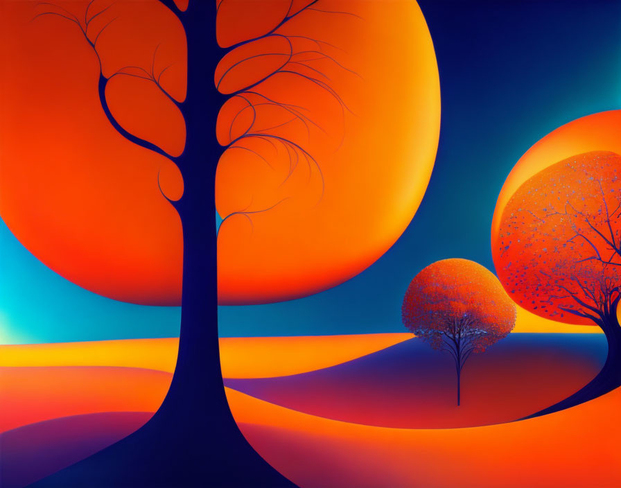 Colorful Stylized Landscape with Whimsical Trees and Glowing Orbs