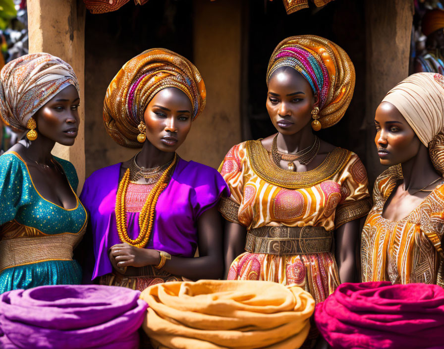 Four Women in Traditional African Attire with Head Wraps and Colorful Fabrics