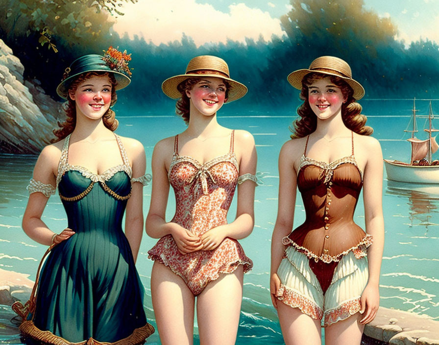 Vintage swimwear-clad women with straw hats by scenic lake.