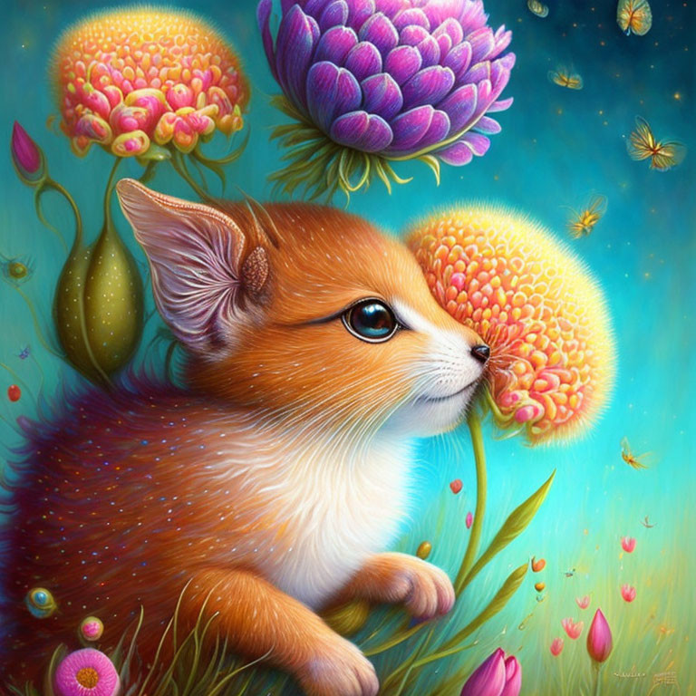 Colorful Fox Illustration Surrounded by Flowers and Butterflies