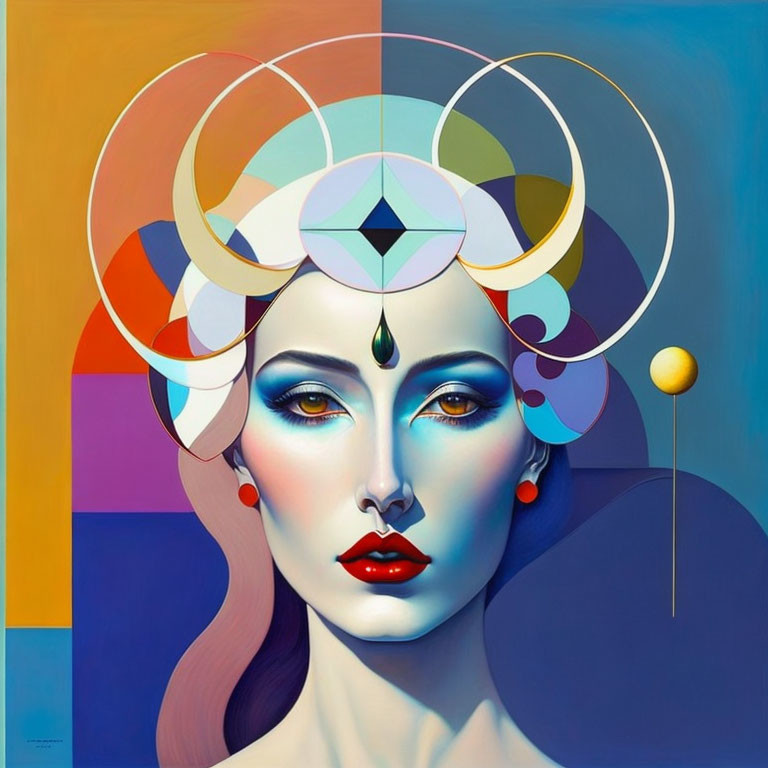 Colorful surreal portrait of woman with geometric shapes and circles in vibrant palette.