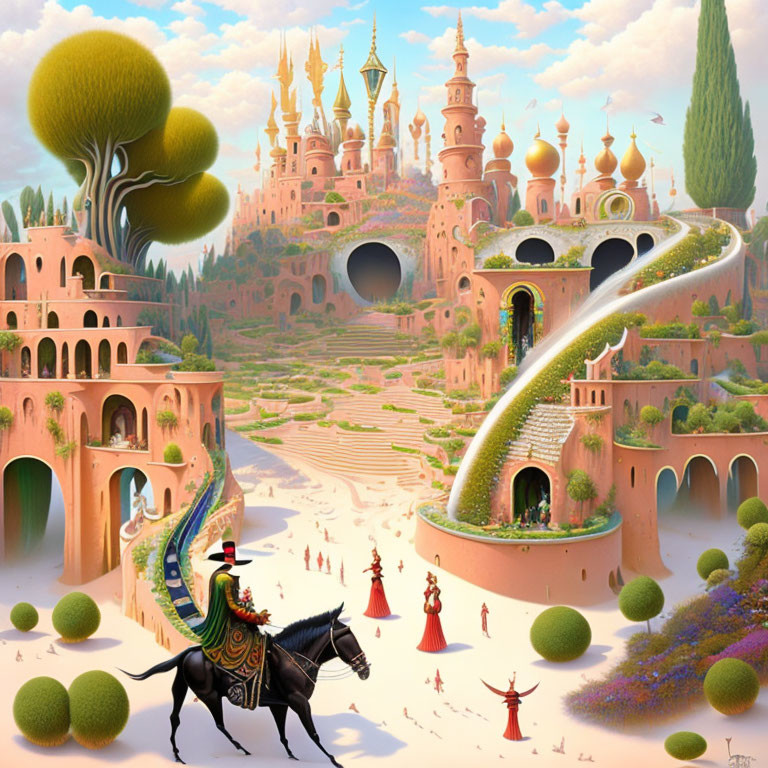 Surreal landscape with winding path, castle, horse rider, robed figures, fantastical sky