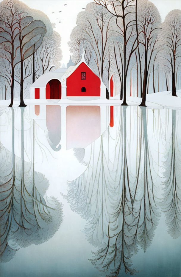 Vibrant red house with red door in wintry landscape reflected in water