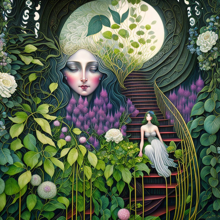 Surreal artwork: Large female face in flora with small figure on steps