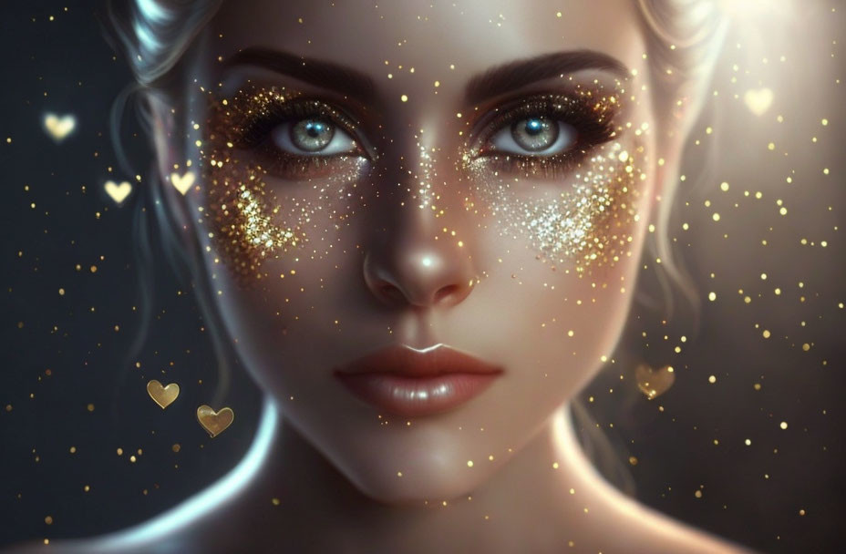 Woman with gold glitter, blue eyes, and floating hearts in digital art