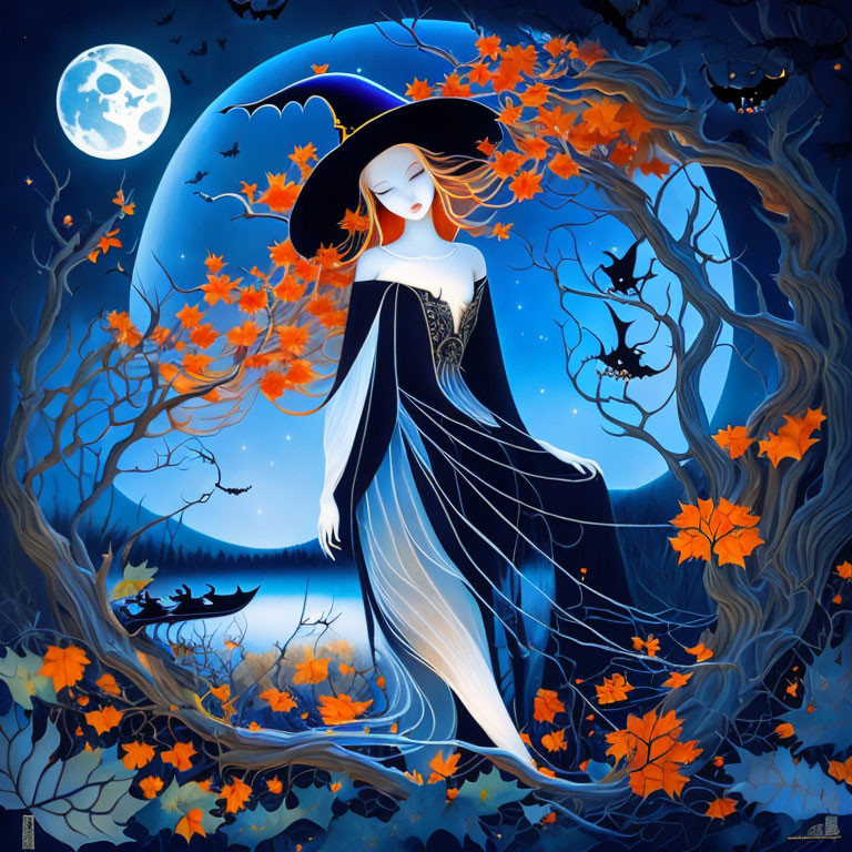 Stylized illustration of woman in black dress among autumn leaves and twisted trees