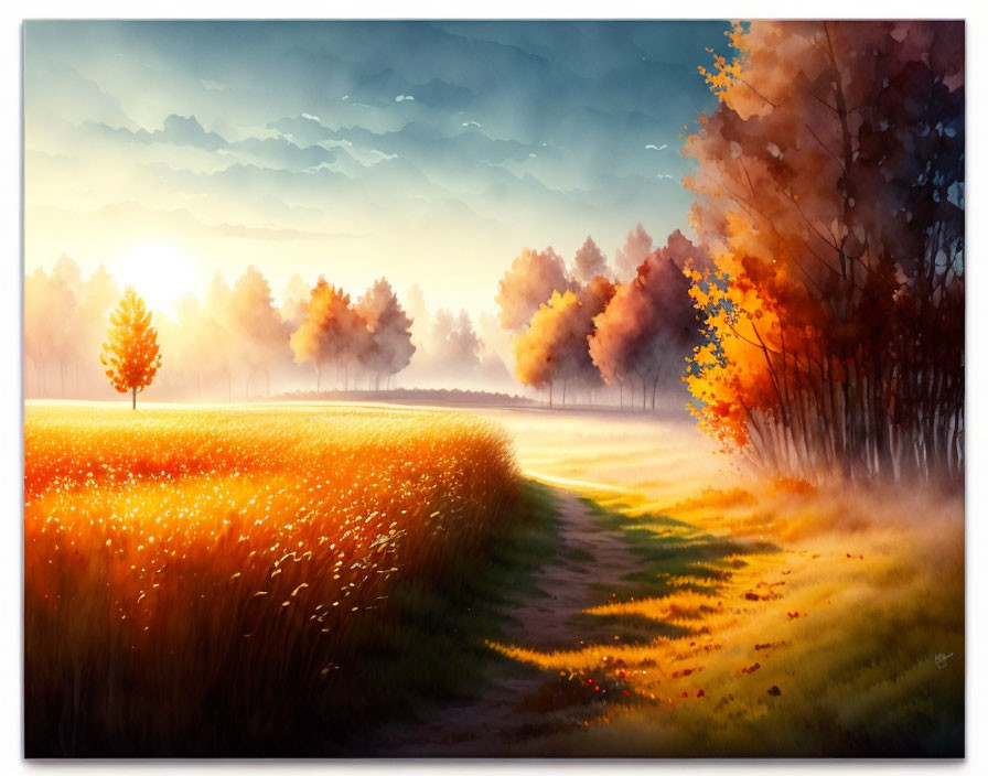 Colorful landscape painting of sunlit field with path through trees at dawn or dusk